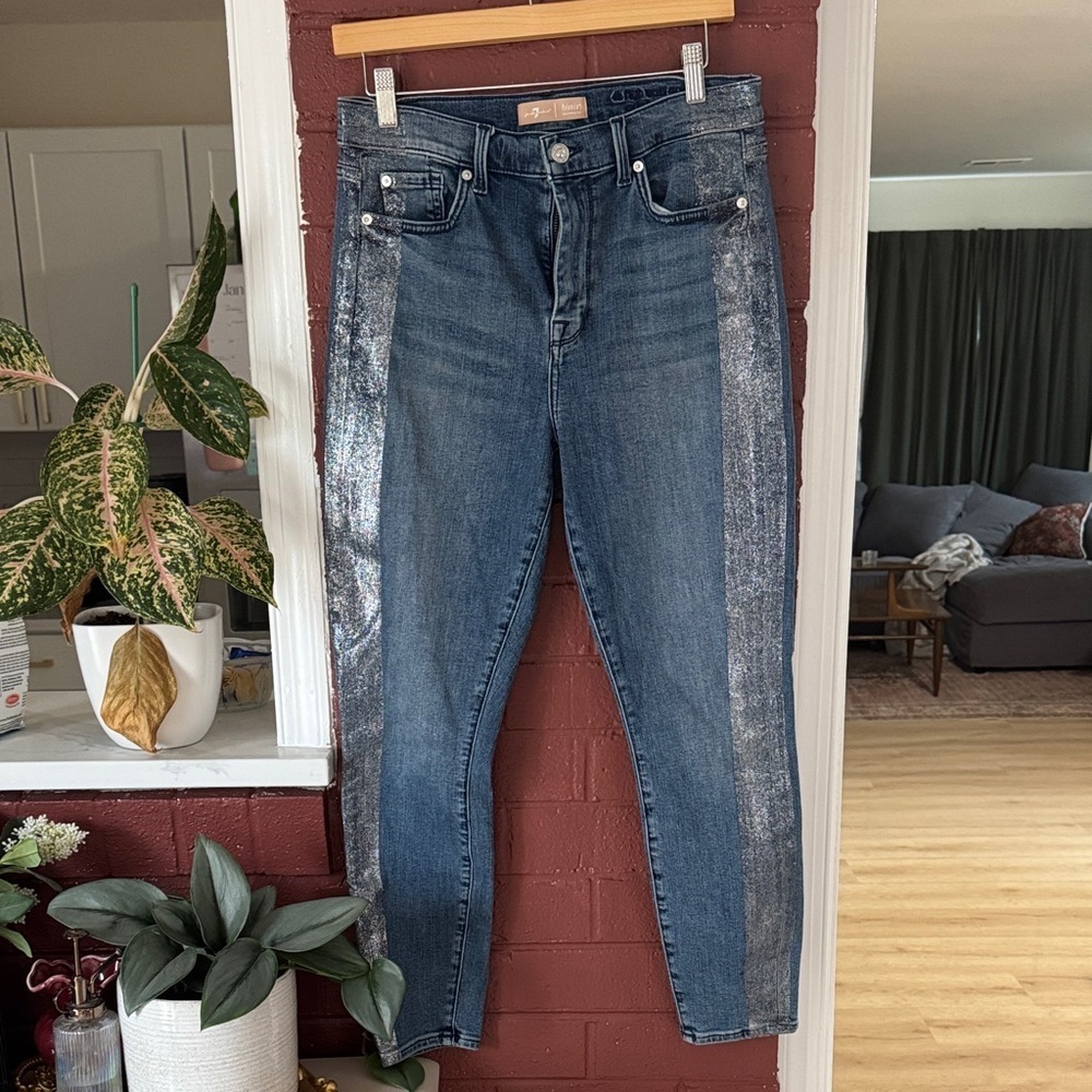 7 for all mankind B(air) Authentic Blue and Silver Glitter Ankle Jeans Size 29